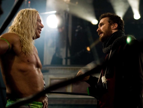 Mickey Rourke and Darren Aronofsky filming The Wrestler