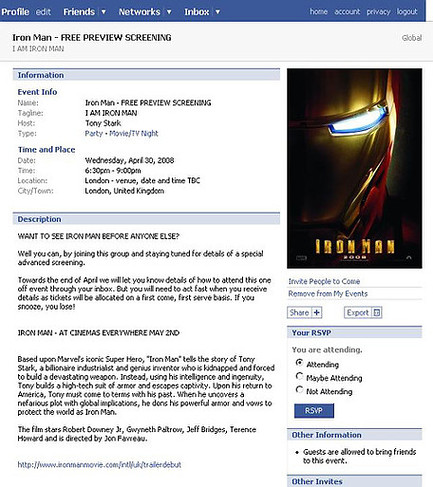 Iron Man Facebook screening invite